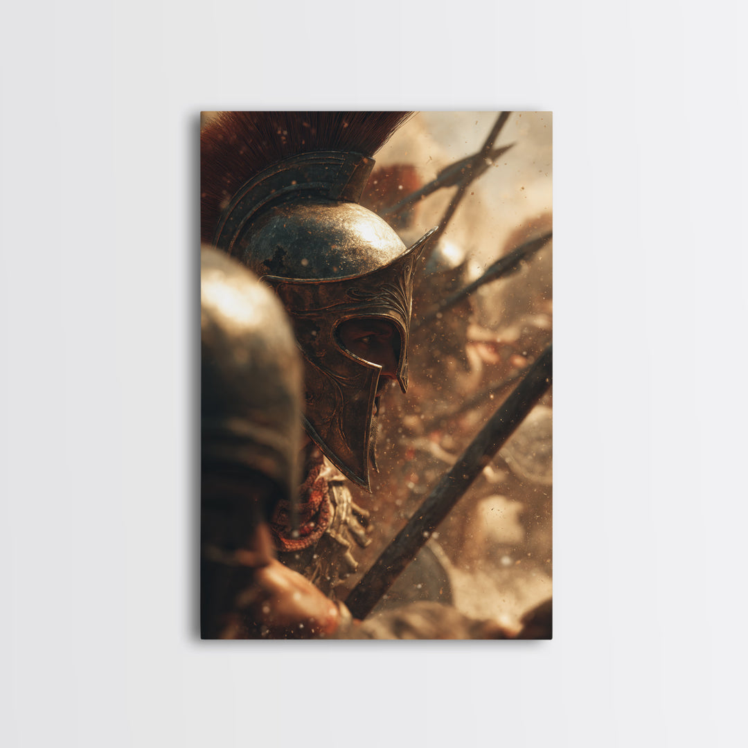 Bronze Spartan Helmet In Ancient Battle Canvas Print, Greek Warrior Wall Art, Historical Office Decor, Masculine Gift For Him