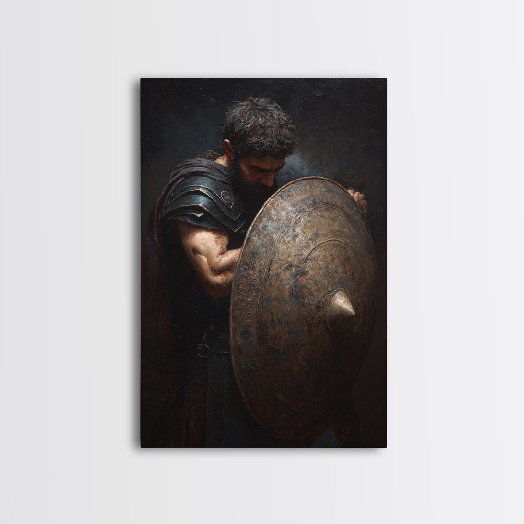 Bearded Warrior Holding Round Bronze Shield Framed Canvas Print, Spartan Wall Art, Masculine Office Decor, Fine Art Print