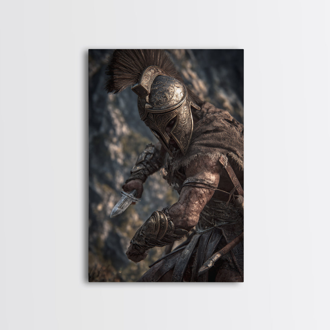 Armored Spartan Warrior With Bronze Helmet Wall Art, Ancient Greek Canvas Print, Masculine Office Decor, History Gift For Him