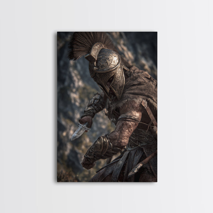 Armored Spartan Warrior With Bronze Helmet Wall Art, Ancient Greek Canvas Print, Masculine Office Decor, History Gift For Him