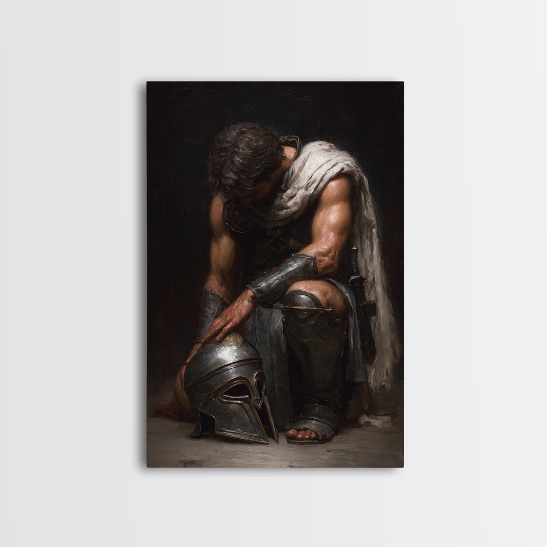Kneeling Gladiator With Helmet Framed Canvas Print, Roman Warrior Oil Painting, Dark Academia Wall Art, Masculine Decor Gift