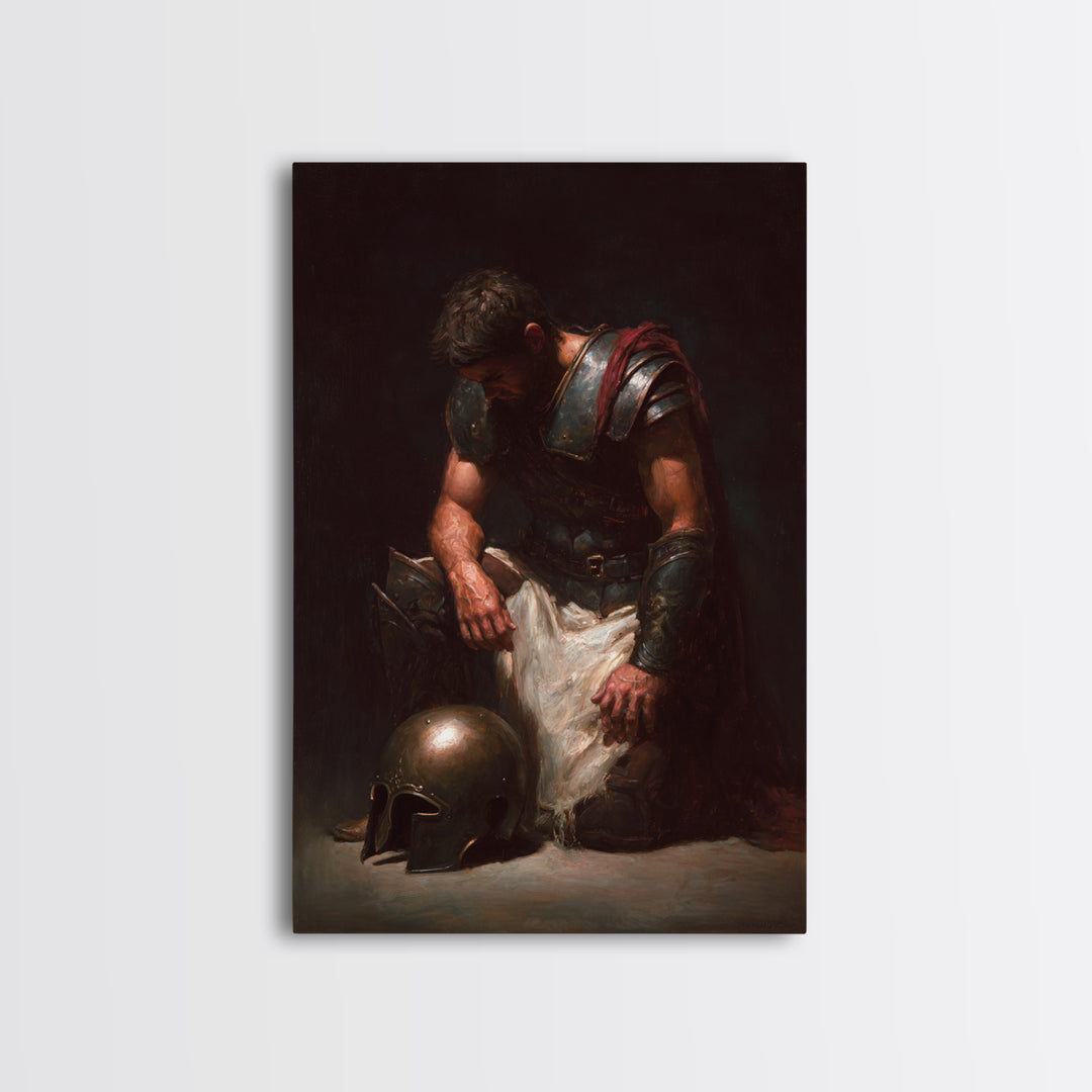 Kneeling Roman Soldier With Bronze Helmet Canvas Print, Dark Academia Wall Art, Moody Historical Warrior Art Decor, Gift For Him