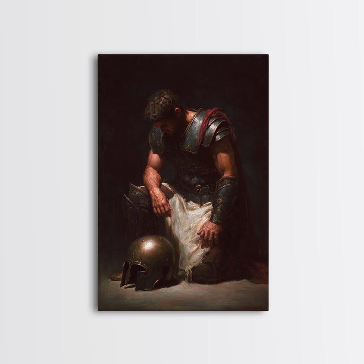 Kneeling Roman Soldier With Bronze Helmet Canvas Print, Dark Academia Wall Art, Moody Historical Warrior Art Decor, Gift For Him