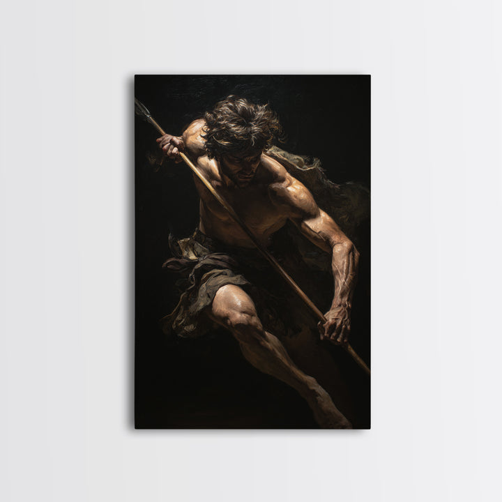 Classical Spear Warrior In Shadow Framed Canvas Print, Mythological Wall Art, Dark Academia Decor, Masculine Fine Art Print
