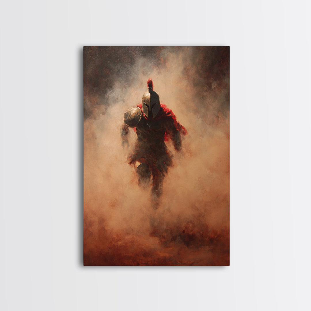 Spartan Warrior Emerging Through Red Smoke, Canvas Print, Dramatic Battle Wall Art, Ancient Greek Decor, Masculine Art, Gift For Him