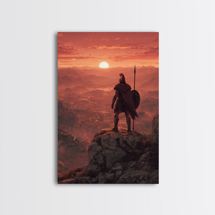 Spartan Warrior At Red Sunset, Epic Landscape Wall Art, Greek Soldier Canvas Print, Masculine Office Decor, Gift For Him