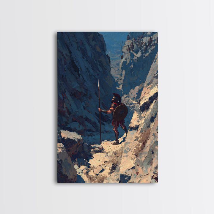 Spartan Warrior In Snowy Mountain Pass Framed Canvas Print, Ancient Greek Wall Art, Masculine Office Decor Gift, Housewarming Gift