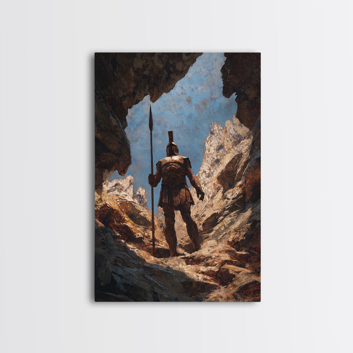 Spartan Warrior In Mountain Cave Framed Canvas Print, Ancient Greek Wall Art, Fantasy Adventure Decor, Gift For Him, Office Decor
