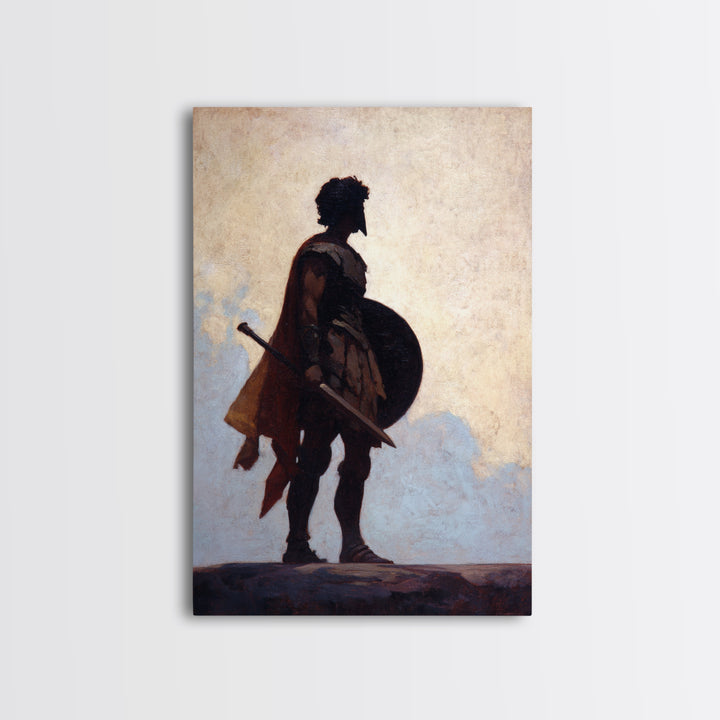 Ancient Warrior Silhouette With Shield And Sword Wall Art, Roman Soldier Canvas, Masculine Office Decor, Historical Fine Art Print