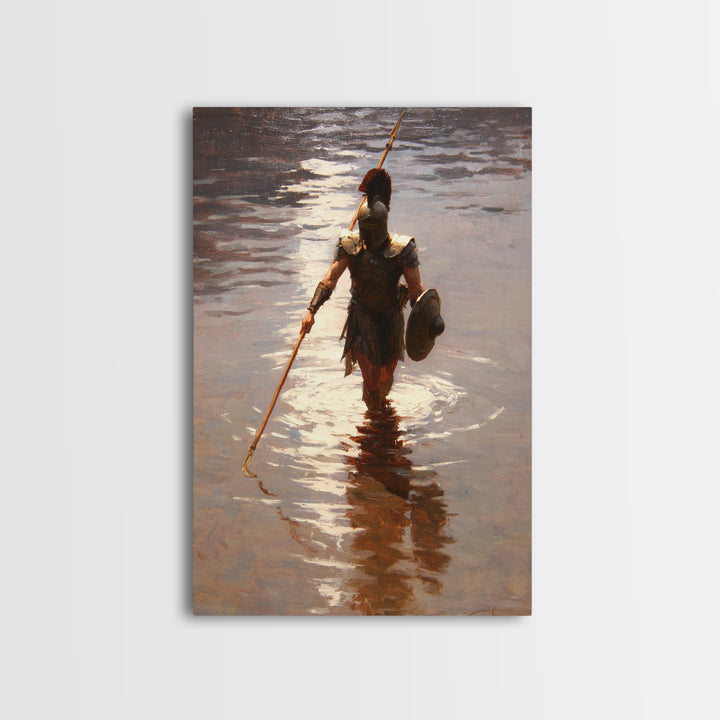 Solitary Spartan Warrior In Shimmering Water Wall Art, Ancient Spear Canvas Print, Greek History Living Room And Office Decor