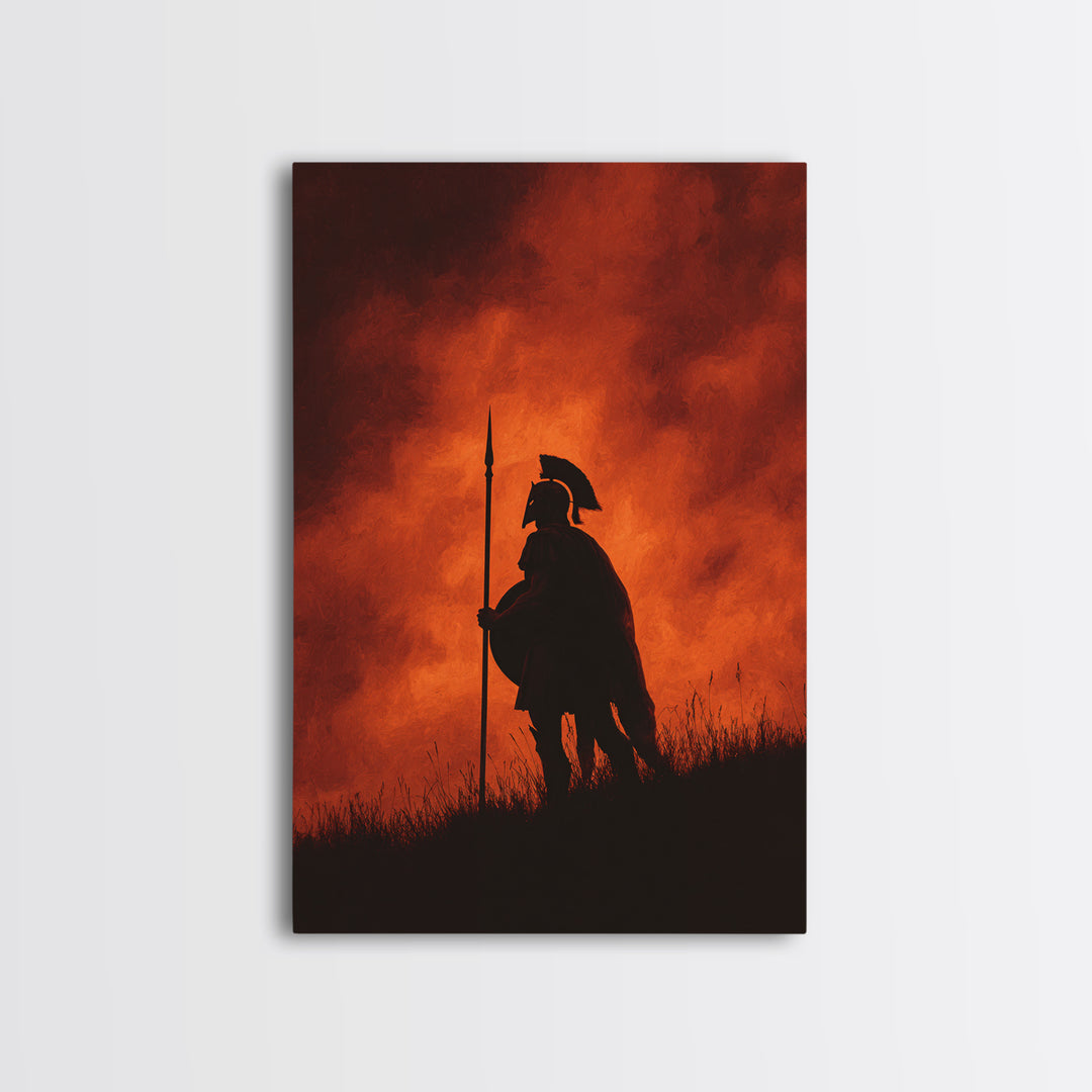 Spartan Silhouette At Red Sunset Wall Art, Ancient Warrior Canvas Print, Dramatic Battle Painting, Masculine Decor Gift For Him