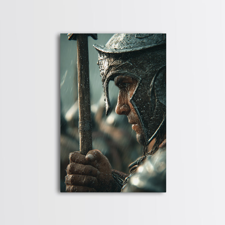Rain Soaked Warrior Helmet Closeup Canvas Print, Spartan Soldier Wall Art, Dark Historical Decor, Masculine Gift For Him
