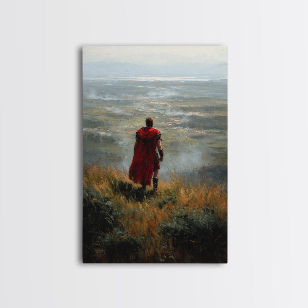 Roman Soldier In Red Cape Over Misty Valley Wall Art, Historical Landscape Painting, Moody Warrior Art Decor, Gift For Him