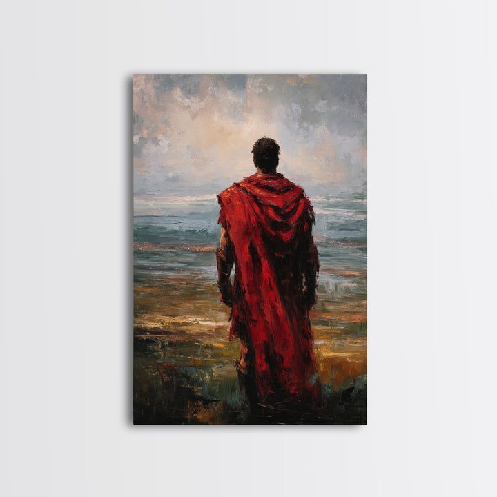 Red Cloaked Warrior Gazing At Sea Canvas Print, Moody Seascape Oil Painting, Roman Wall Art, Masculine Living Room Decor