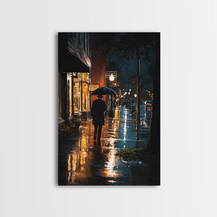 Rainy City Street With Umbrella At Night Wall Art, Moody Urban Landscape Print, Noir Office Decor, Modern Home Decor, Contemporary Art