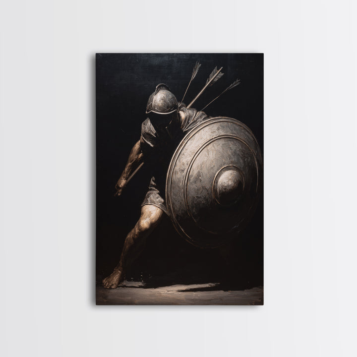 Wounded Medieval Knight Framed Canvas Print, Dark Academia Wall Art, Gothic Warrior Painting, Masculine Office Decor Gift