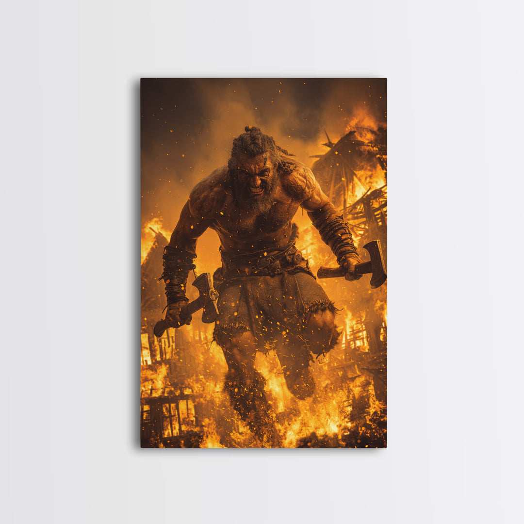 Fiery Berserker Giant With Axes, Dark Fantasy Wall Art, Viking Warrior Canvas, Gothic Decor, Man Cave, Statement Artwork Print