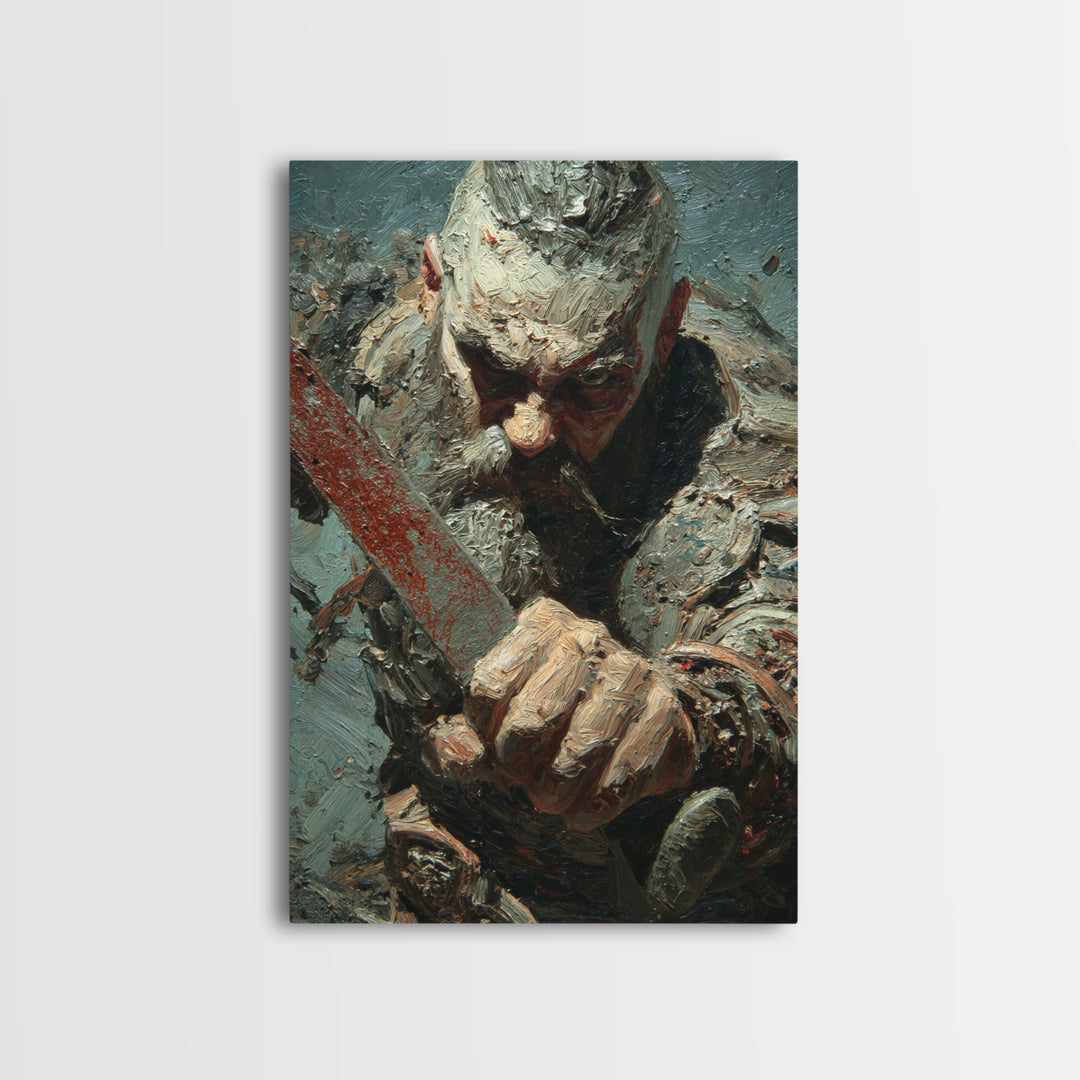 Viking Warrior Sword Framed Canvas Print, Impasto Battle Portrait, Medieval Norse Wall Decor For Masculine Office Gift Idea