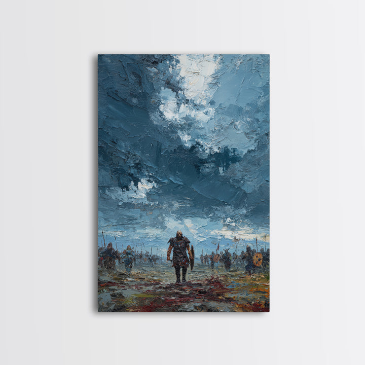 Warrior Walking Across Stormy Battlefield Wall Art, Textured Viking Canvas Print For Masculine Office Decor And Gift For Him