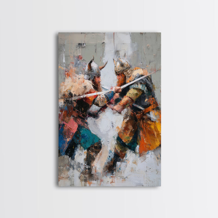 Viking Warriors Clashing Swords Canvas Print, Norse Battle Wall Art, Bold Historical Painting, Rustic Home Decor, Gift For Him