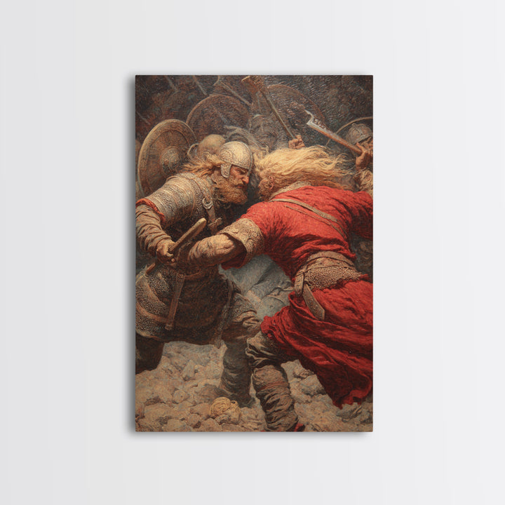 Viking Warriors Locked In Battle Wall Art, Norse Mythology Oil Painting, Historical Art Print, Rustic Man Cave Decor Gift