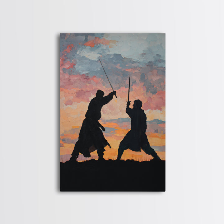 Samurai Sword Duel At Sunset Wall Art, Dramatic Warrior Canvas Print, Japanese Battle Decor, Martial Arts Gift For Him, Dojo Decor