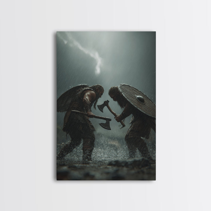 Viking Warriors Duel In Heavy Rain Wall Art, Nordic Battle Canvas Print, Dark Fantasy Decor, Masculine Office Art Gift For Him