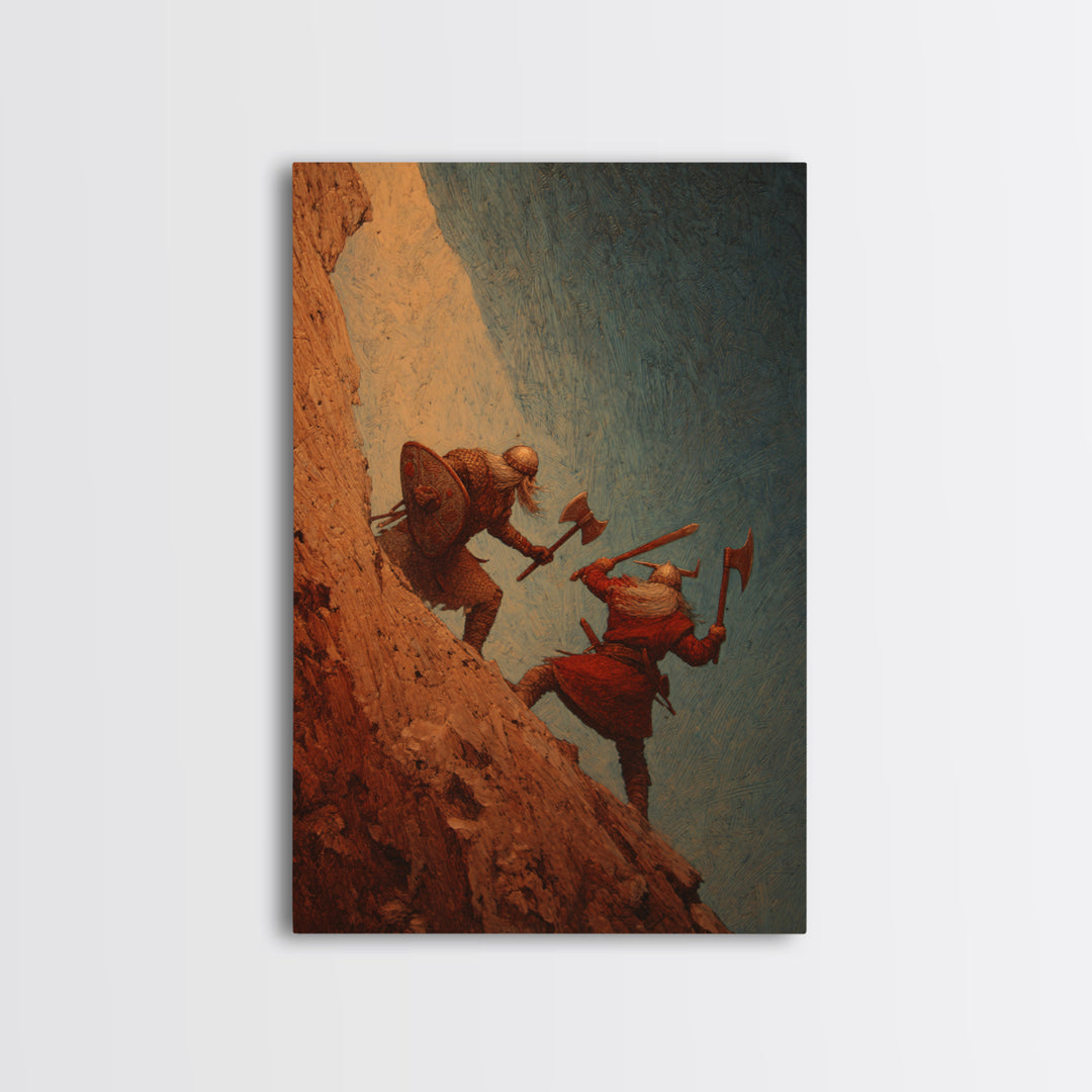 Viking Cliff Duel Wall Art, Norse Axes And Shields Fantasy Canvas Print, Warrior Battle Decor, Medieval Man Cave Wall Decor