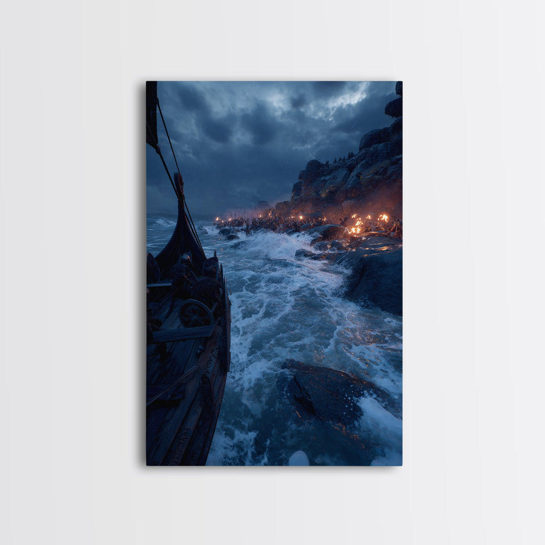 Viking Longship Landing On Stormy Coast Canvas Print, Norse Seascape Wall Art, Maritime Decor, Dark Fantasy Gift For Him