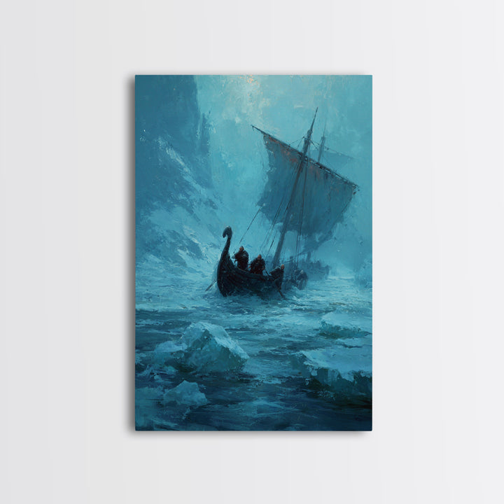 Icy Viking Ship At Sea Canvas Print, Nautical Wall Art, Norse Decor, Coastal Seascape, Fantasy Adventure Home Decor For Living Room
