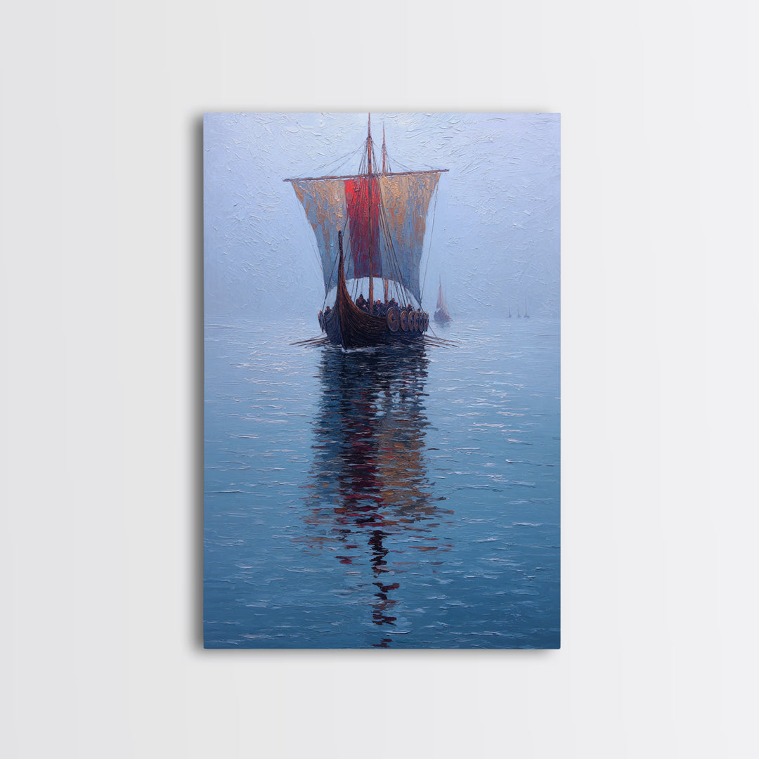 Viking Longship Sailing On Blue Water Framed Canvas Print, Nautical Wall Art, Nordic Seascape Decor, Lake House Art Print