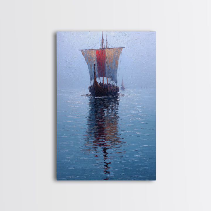Viking Longship Sailing On Blue Water Framed Canvas Print, Nautical Wall Art, Nordic Seascape Decor, Lake House Art Print