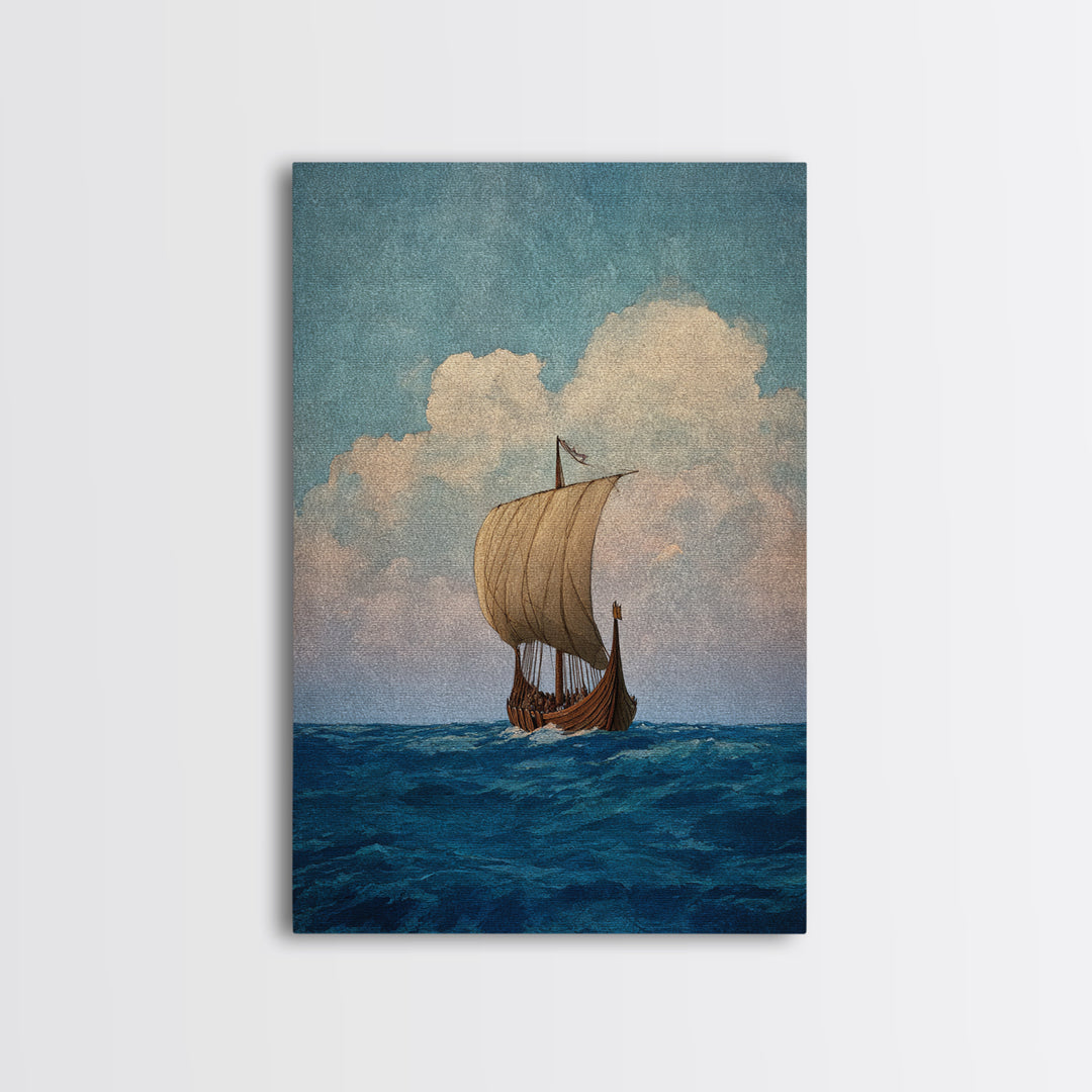 Viking Longship Sailing On Blue Sea Wall Art, Nautical Canvas Print, Scandinavian Coastal Decor, Historical Travel Poster