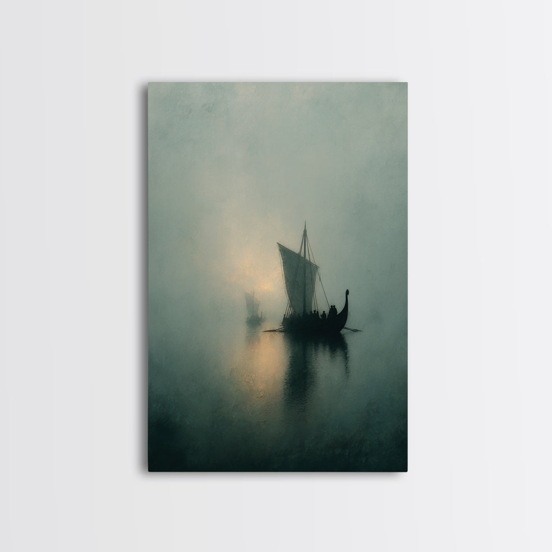 Misty Viking Sailboat On Foggy Water, Framed Canvas Print, Moody Seascape Wall Art, Nautical Decor, Nordic Coastal Art Print
