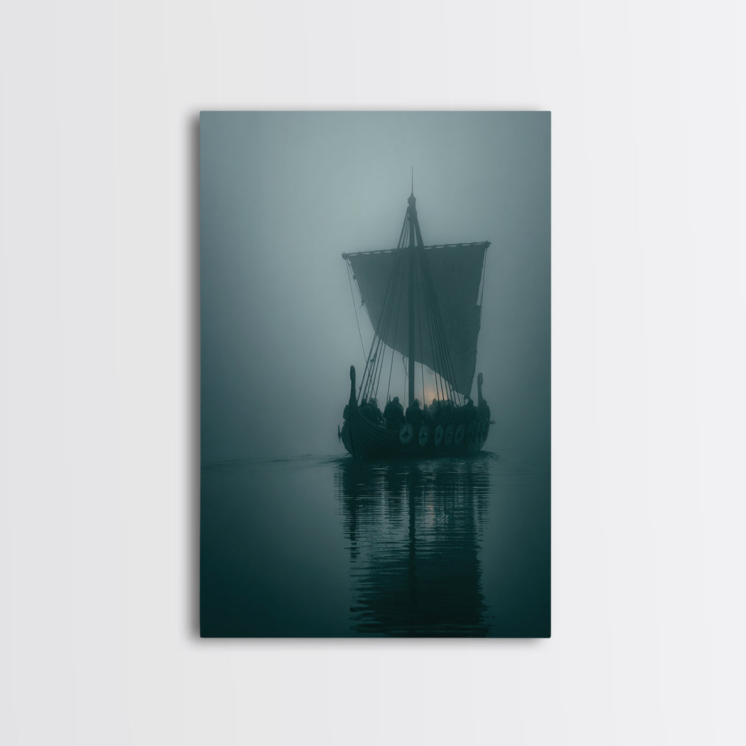Misty Viking Longship On Dark Water Wall Art, Nordic Nautical Canvas Print, Moody Coastal Decor, Fantasy Seascape Living Room Art