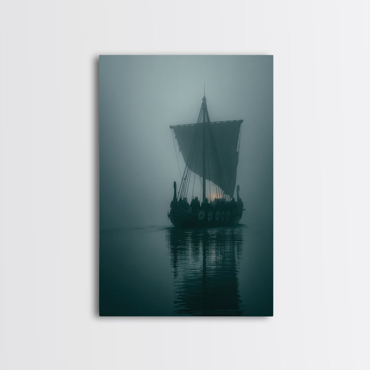Misty Viking Longship On Dark Water Wall Art, Nordic Nautical Canvas Print, Moody Coastal Decor, Fantasy Seascape Living Room Art