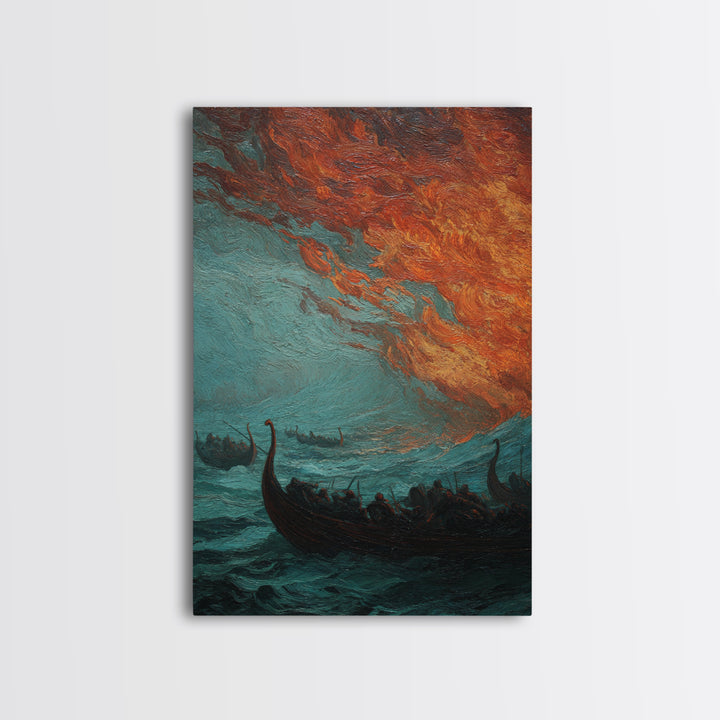 Viking Longships Under Fiery Storm Sky Wall Art, Norse Seascape Canvas Print, Dark Academia Coastal Home Decor, Living Room Decor