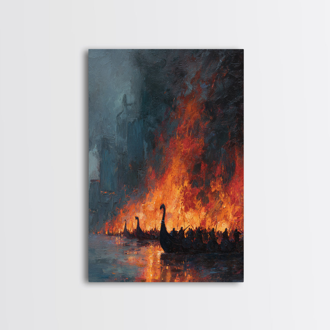 Burning Viking Ships On Dark Harbor Wall Art, Epic Historical Battle Canvas, Moody Seascape, Fantasy Living Room Decor, Home Decor
