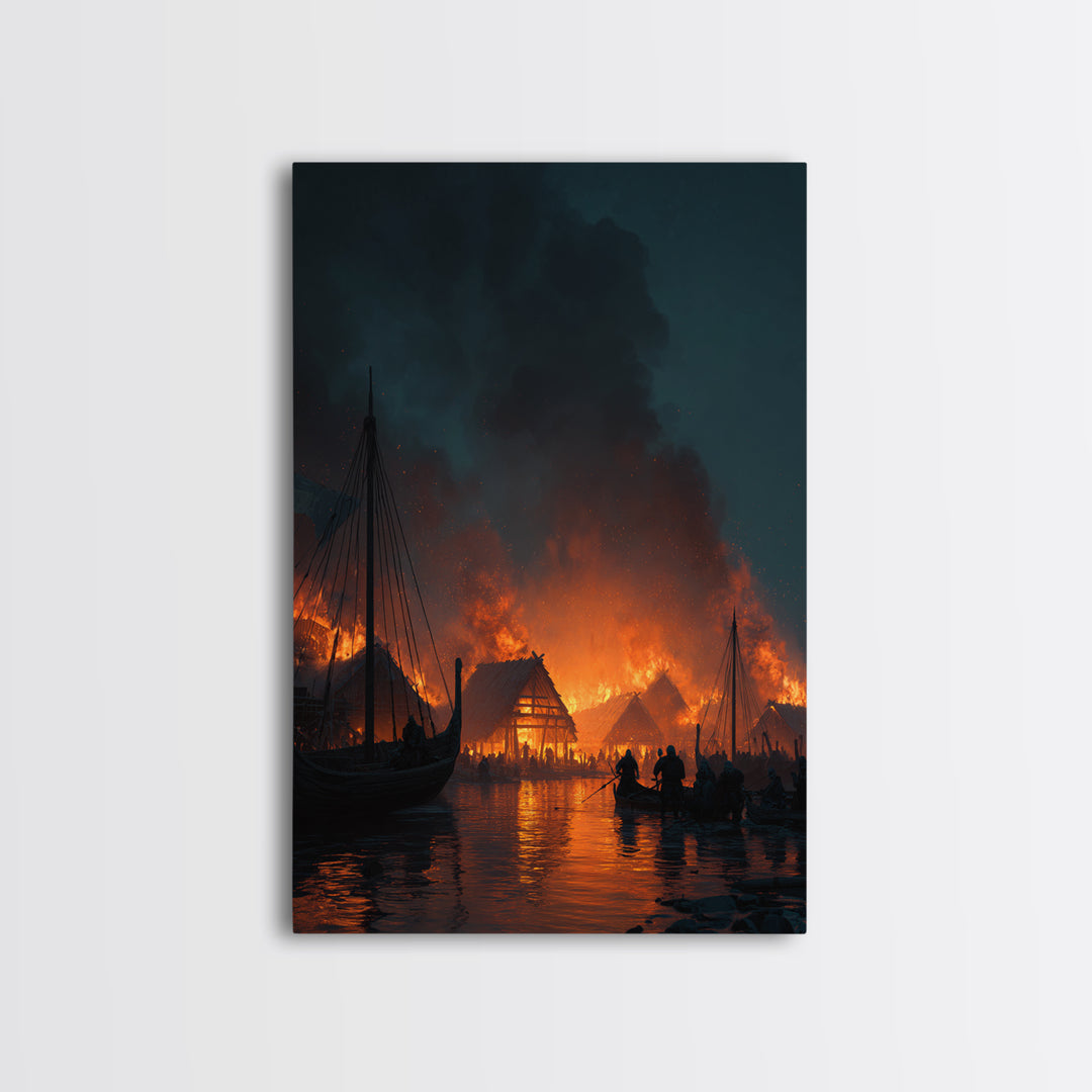 Burning Viking Harbor At Night Wall Art, Nordic Village Canvas Print, Dark Fantasy Decor, Moody Seascape Living Room Art