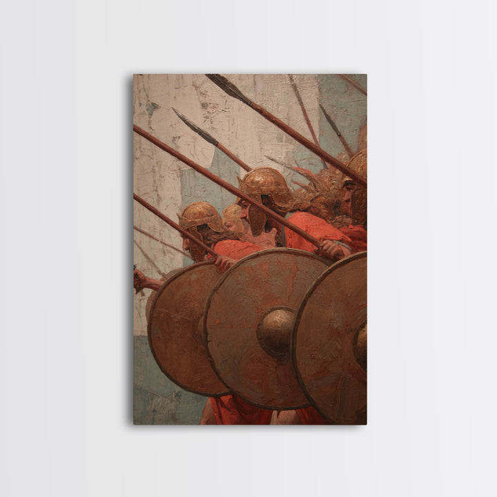Ancient Shield Wall Canvas Print, Greek Phalanx Soldiers With Spears, Historical Battle Art For Masculine Office Decor Gift