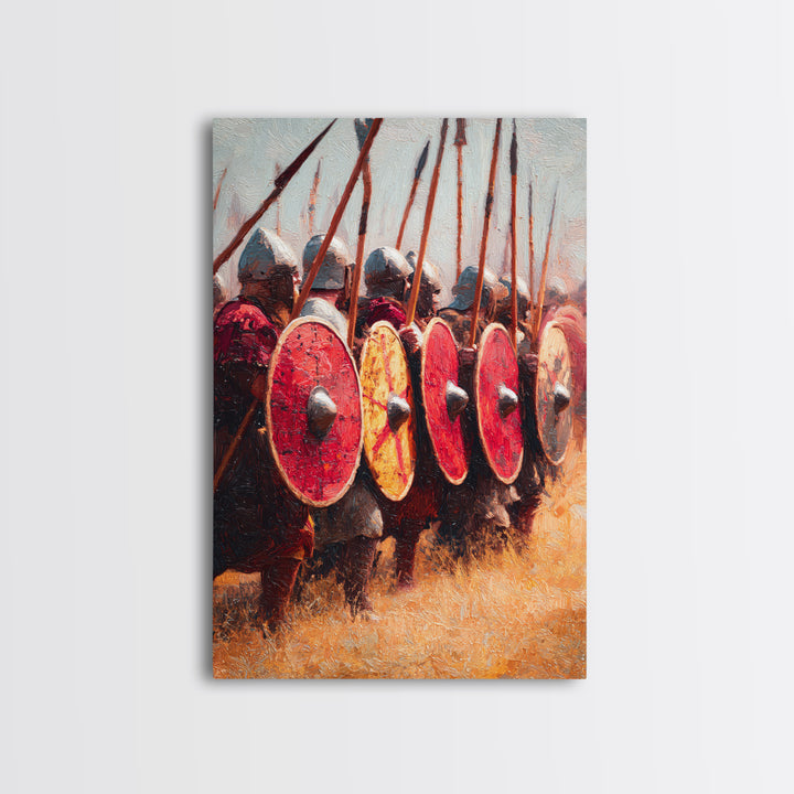 Viking Shield Wall With Red Round Shields Canvas Print, Medieval Warrior Wall Art For Rustic Game Room Decor And Gift For Him