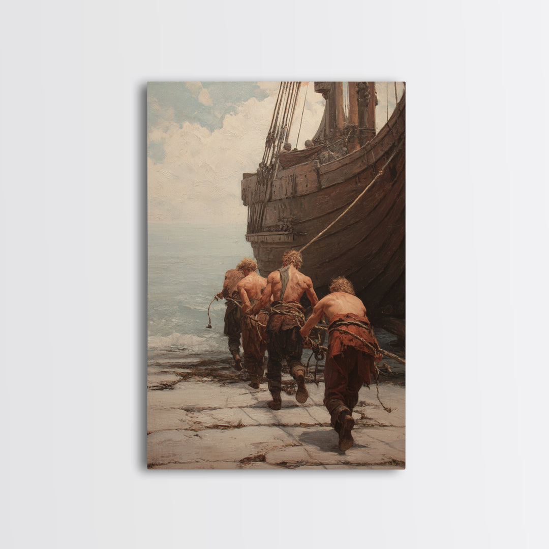 Ancient Ship Haulers Canvas Print, Roman Harbor Warrior Wall Art, Historical Oil Painting, Masculine Office Decor Gift For Him