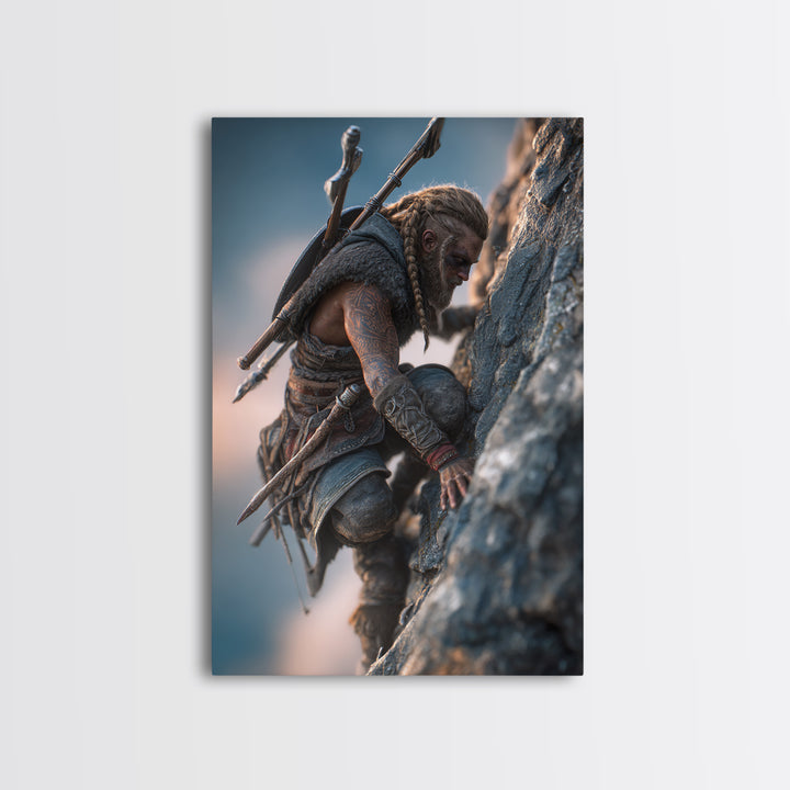 Viking Climbing Sheer Mountain Cliff Framed Canvas Print, Norse Warrior Wall Art, Fantasy Adventure Decor Print, Gift For Him