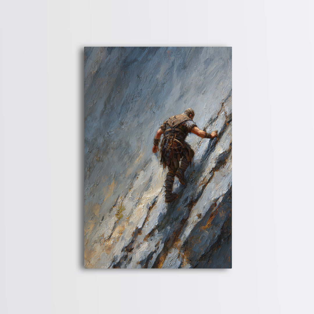 Viking Climber Scaling Icy Mountain Face Framed Canvas Print, Adventure Wall Art, Norse Landscape Office Decor, Gift For Him