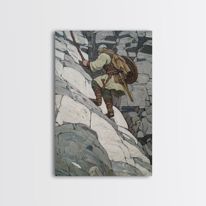 Viking Climber Scaling Snowy Cliffs Canvas Print, Norse Adventure Wall Art, Mountain Landscape Decor, Rustic Cabin Gift Print