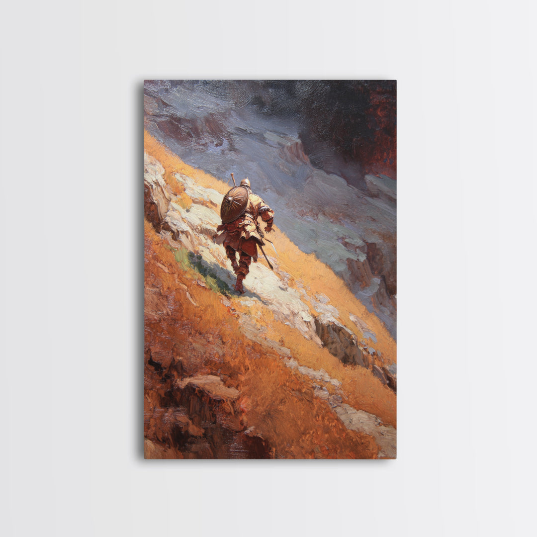 Armored Warrior Hiking Rugged Mountain Pass Canvas Print, Fantasy Landscape Art, Viking Wall Decor, Adventure Home Decor