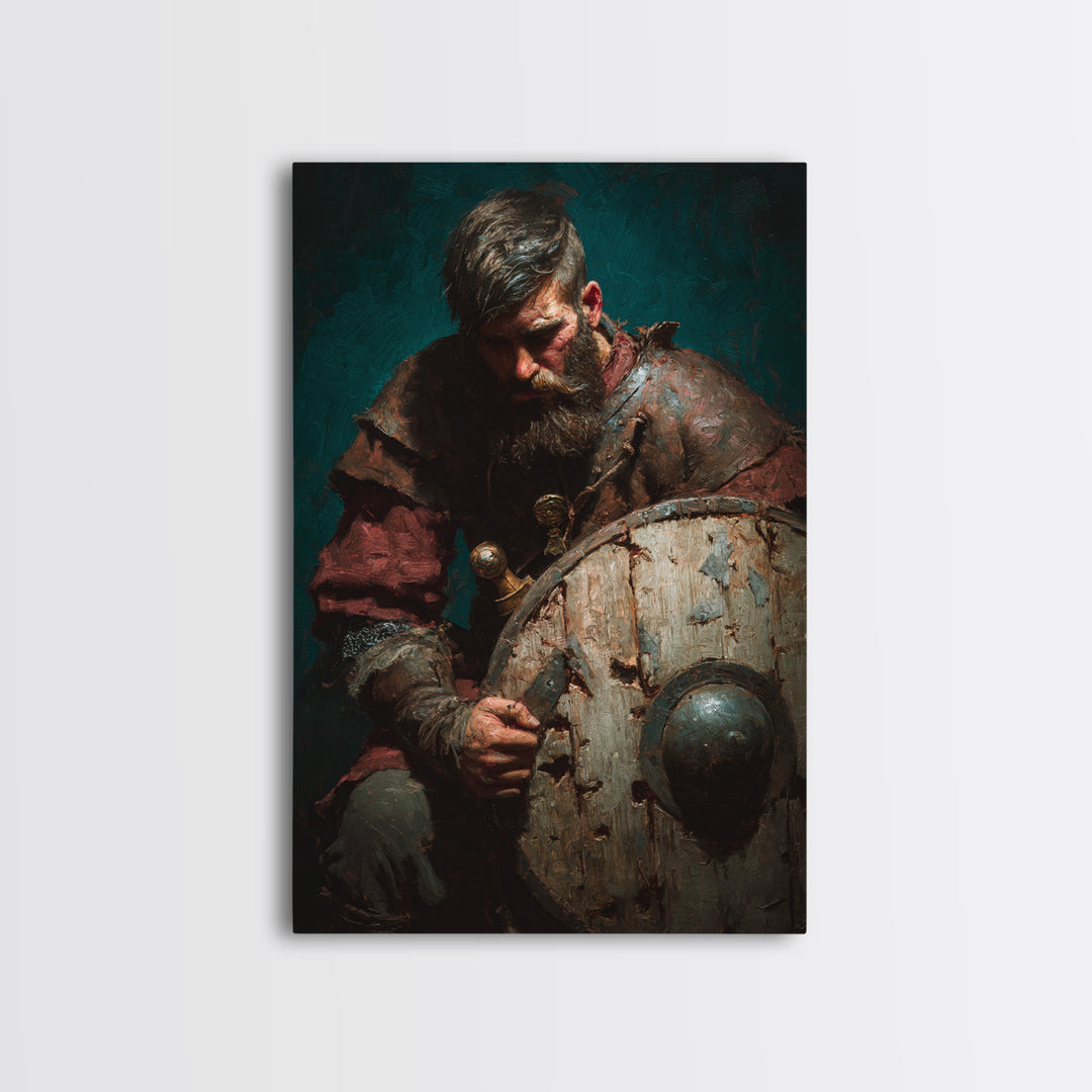 Bearded Viking With Weathered Shield, Canvas Print, Dark Academia Wall Decor, Medieval Portrait Art, Masculine Office Decor