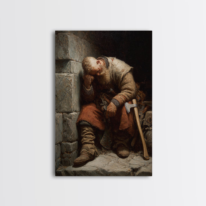 Exhausted Medieval Blacksmith Sleeping By Stone Wall, Canvas Print, Rustic Wall Art, Historical Portrait, Workshop Decor