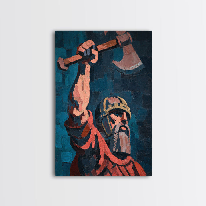 Rustic Viking Warrior Axe Holding Oil Painting Canvas Print For Masculine Wall Art And Western Home Decor