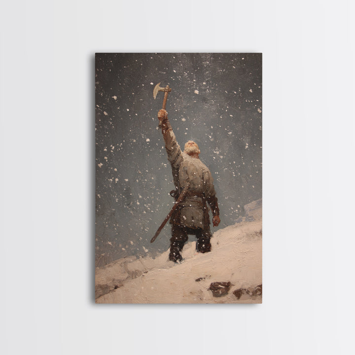 Snowy Viking Warrior Raising Axe, Medieval Fantasy Wall Art, Nordic Oil Painting Print, Rustic Cabin Decor, Gift For Him